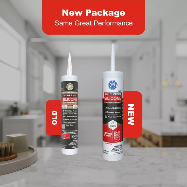 GE Supreme Silicone Caulk for Kitchen & Bathroom, White, 10 fl oz Cartridge, 1 Pack - 100% Waterproof Silicone Sealant, 7X Stronger Adhesion, Shrink & Crack Proof