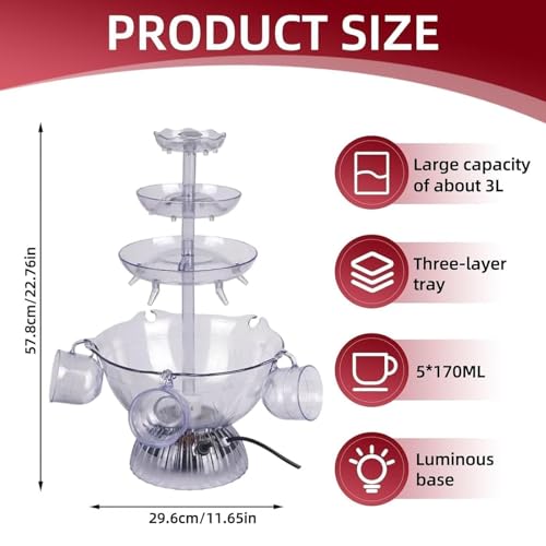 3-Tier Party Fountain Electric Drink Dispenser with LED Lighted Base Light-Up Flow Drink Fountain with 5 Reusable Cups 3L ...
