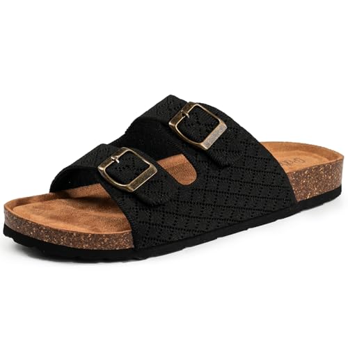 PRIMNICE Women's Comfy Arch Support Cork Footbed Adjustable Knitting Straps Indoor and Outdoor Slides Sandals