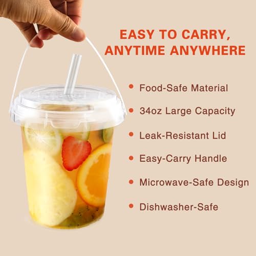 10 Pack 34oz Disposable Plastic Cups with Lids and Straws, Iced Coffee Cups with Lids, Sturdy & Food Safe for Cold & Hot D...