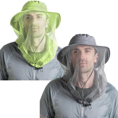 Peicees 2Pcs Head Net Hats for Men Women Adventure Fishing Hat Safari Hat for Hunting Camping Hiking, Green and Dark Gray
