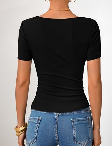 ZESICA Womens Summer Asymmetrical T Shirts Ruched Fitted Short Sleeve Y2K Going Out Tops 2026 Spring Fashion Vacation Outfits