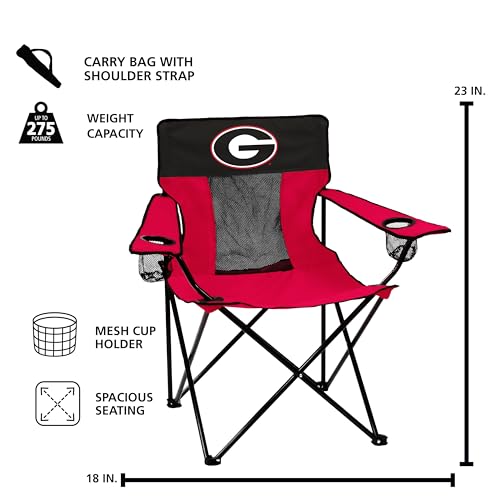 Logo Brands NCAA Georgia Bulldogs Elite Portable Chair - Premium Outdoor Chair with Cup Holder, Powder-Coated Steel Frame,...