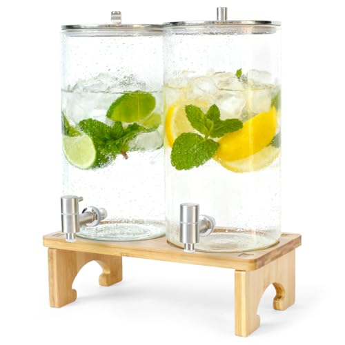 2 Pack 1.5 Gallon Drink dispenser with Stand，Glass Beverage Dispenser With Wood Stand, 18/8 Stainless Steel Spigot and Lab...