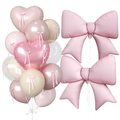 16Pcs Pink Heart Balloons, 38 Inch Bow Balloons, Double Stuffed Pearl Pink Clear Balloon and Bow Heart Shaped Foil Balloon...
