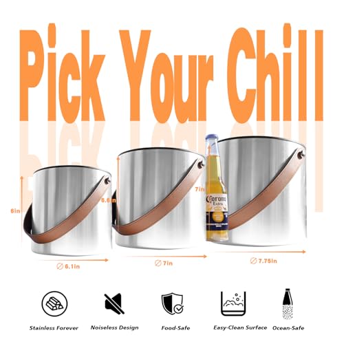 Bakpoco Double-Wall Vacuum Insulated Ice Bucket with Lid, Scoop, Ice Tong, Strainer & Leather Handle Keep Ice Frozen Longe...