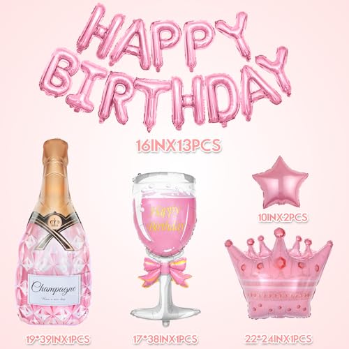 Amandir Pink Birthday Decorations for Women Girls, Silver Pink Confetti Foil Balloons Happy Birthday Banner Butterfly Frin...