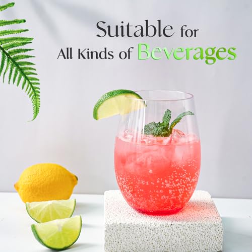 FOCUSLINE 20 Pack 16 Oz Plastic Wine Glasses, Stemless Plastic Wine Cups Heavy Duty, Unbreakable Disposable Wine Glasses f...