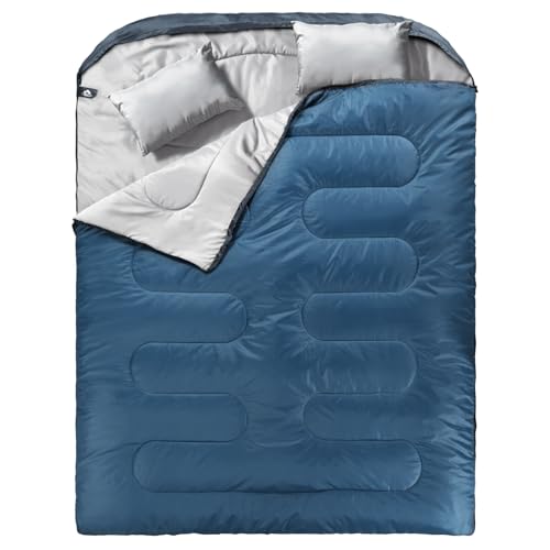 MEREZA Double Sleeping Bag for Adults Mens with Pillow, XL Queen Size Two Person Sleeping Bag for All Season Camping Hikin...