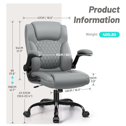 HeroSet Leather Office Chair, Ergonomic Home Office Desk Chair with Adjustable Flip-Up Arms and Lumber Support, Computer C...