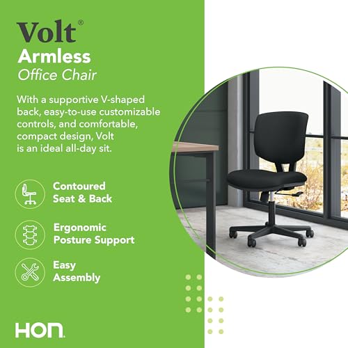 HON Volt Armless Office Chairs with Wheels, Ergonomic Adjustable Center-Tilt Recline, Fabric Back and Seat, Swivel Desk Ch...