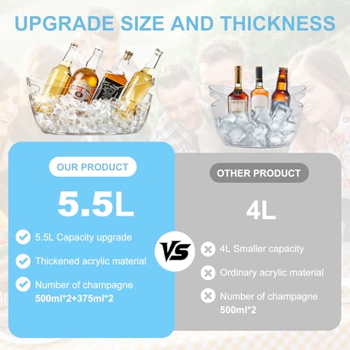 2-Pack Ice Buckets for Parties - Extra Large 5.5L Clear Beverage Tubs with Scoops, Perfect for Champagne, Beer, Sparkling ...