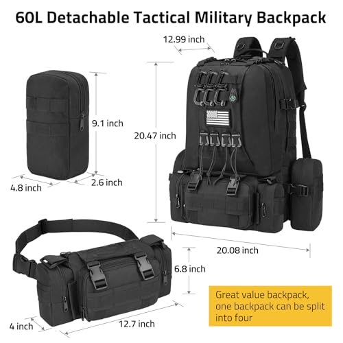 CVLIFE 60L Tactical Backpack for Men Women Military Large Army Rucksack With D-Ring Molle Clips Compass Accessories 3 Day ...