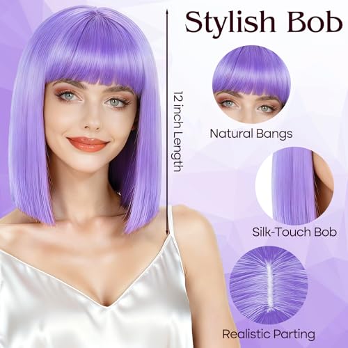 PLULON Short Light Purple Straight Bob Wig with Bangs, Shoulder Length Heat Resistant Synthetic Hair Bob Wigs with Heart S...