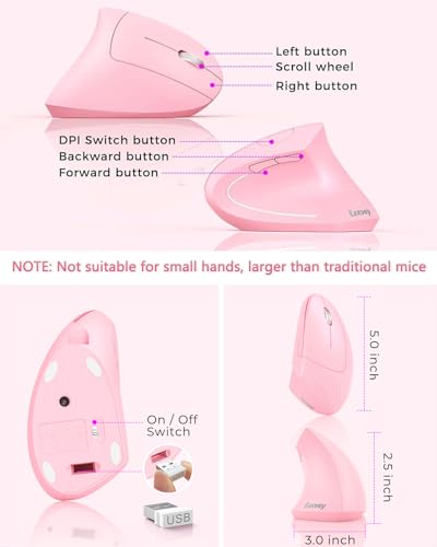 Lekvey Ergonomic Mouse, Vertical Wireless Mouse, Rechargeable 2.4 GHz USB Optical Carpal Tunnel Mice : 800/1200 / 1600 DP...