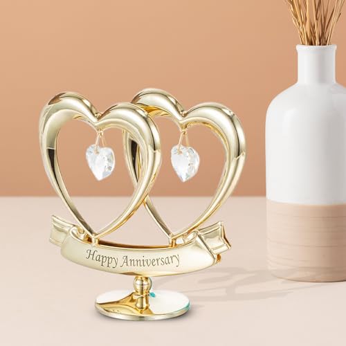 Matashi 24K Gold Plated Anniversary Heart Sculpture with Crystals – Double Heart Statue - Perfect Christmas and Holiday Gift and Premium Quality Cake Topper
