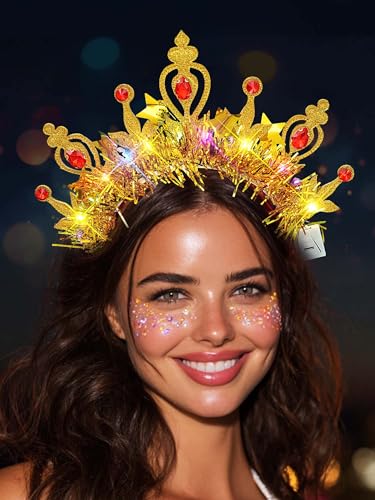 Campsis Light Up Glow Crown Headband Sparkly Gold Headpiece Halloween Costume Headwear Rave Hair Accessories for Women