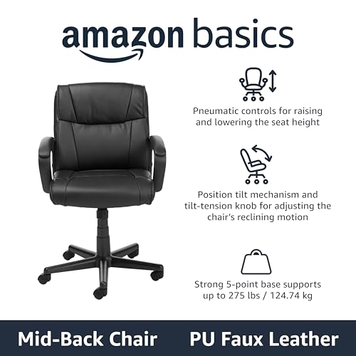 Amazon Basics Office Computer Task Desk Chair with Padded Armrests, Mid-Back, Adjustable, 360 Swivel, Rolling, 275 Pound C...