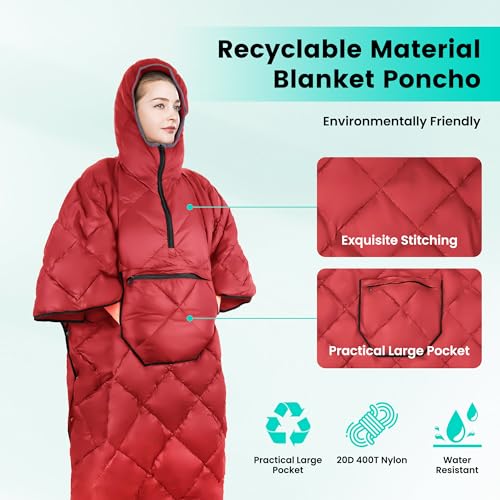 Wearable Camping Blanket Honcho Poncho - Stadium Blanket, Sleeping Bag for Adults, Packable Ultralight Warm & Waterproof f...