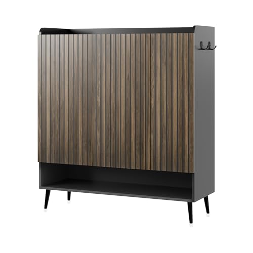 GarveeHome Shoe Cabinet，Large Shoe Cabinet with 3 Doors,Adjustable Shelves, Shoe Organizer with Doors for Hallway, Entryway, Living Room,Black+Nut-Brown