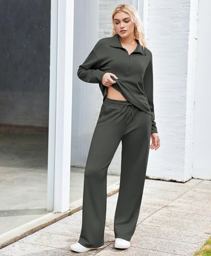 PINSPARK 2 Piece Sets for Women 1/2 Zip Sweatsuit Loose Fit Sweatshirt Straight Leg Pants 2025 Matching Outfit Fall Tracksuit
