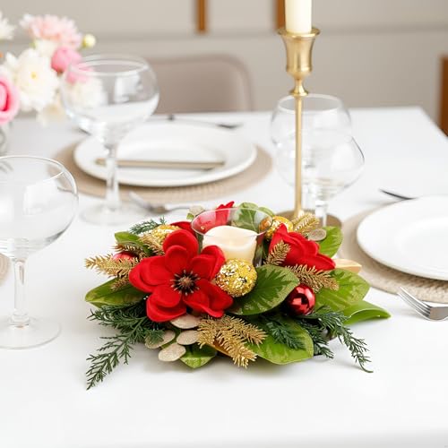 18" Centerpiece with Flameless LED Candle Holder, Design with Red Artificial Magnolia, Gold Baubles & Spruce Branches for ...