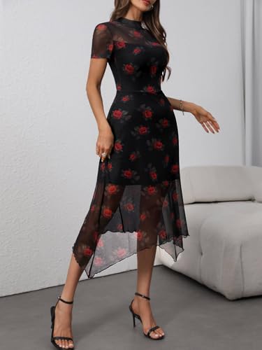 GothDark Women's Wedding Guest Floral Print Vintage Goth Dress Mesh Spliced Double-Layered Irregular Hemline Midi Dresses