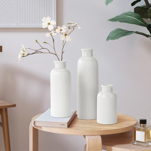 Small White Ceramic Vase Set of 3, Boho Modern White Flower Vase Room Decor, Farmhouse Decor, Vases for Your Kitchen, Bath...