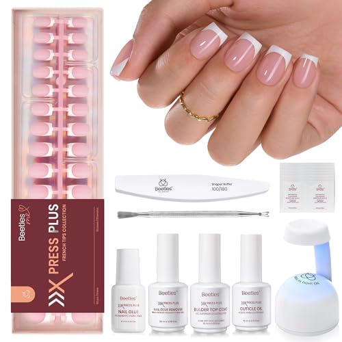 Beetles X Press Plus On Nails Kit-Short Square French Tip Press On Nails Kit with 150Pcs Pink French Nail Tips Nail Glue &...