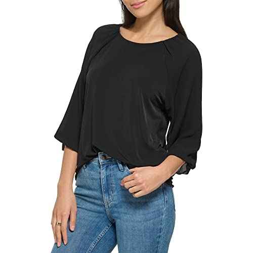 Calvin Klein Womens Loose Fitted Matte Jersey Mixed Media Lantern Sleeve Blouse