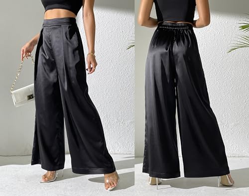 Women's Satin Wide Leg Palazzo Pants Plicated Silky Pull on Party Dress Casual Pant Trouser
