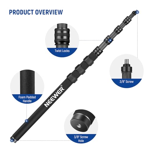 NEEWER Upgraded Microphone Boom Pole, 9.8ft/300cm Telescopic Carbon Fiber Mic Boom Arm with 5 Sections, 1/4" 3/8" 5/8" Scr...