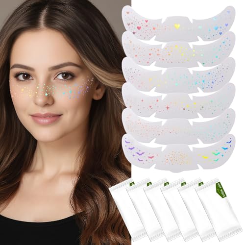 6 Pcs Holographic Glitter Freckles Face Tattoo with 6 PCS Facial Wipes - Waterproof Sparkle Fake Freckles Temporary Tattoo...