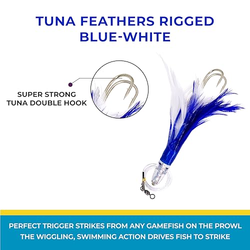 6” Sanhu Tackle Premium Tuna Feathers, 6 Pcs Blue/White Rigged, Saltwater Fishing Lures for Trolling