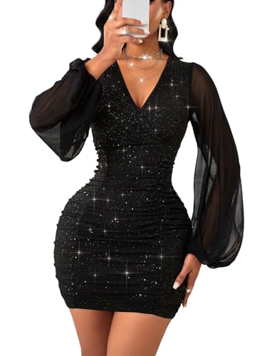GothDark Womens Sexy Sequin Dress Mesh Mini Bodycon Sparkly V Neck Puff Sleeve Gothic Cocktail Party Club Ruched Outfits
