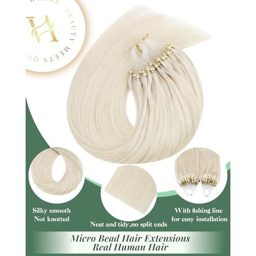 Ugeat Micro Ring Hair Extensions for Long Length 24 Inch Platinum Blonde Micro Beads Real Human Hair Extensions Flexible Microloop for Natural Looking 50S 50S