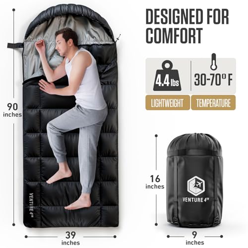 VENTURE 4TH Backpacking Sleeping Bag – XXL, Double and Single Sizes - Lightweight Warm & Cold Weather Sleeping Bags for Ad...