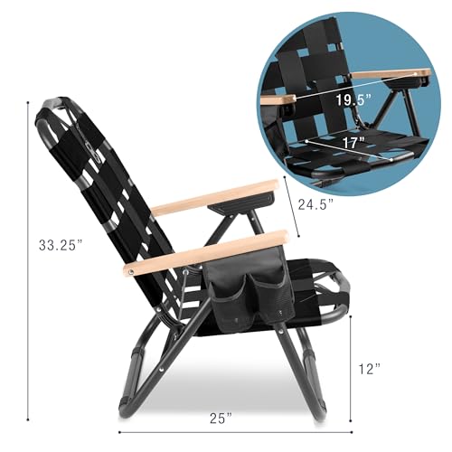 CleverMade Kove Midnight Black Beach Camping Chair, Hands Free Carrying Strap + Real Wood Handles & 2 Cup Holders, Foldabl...