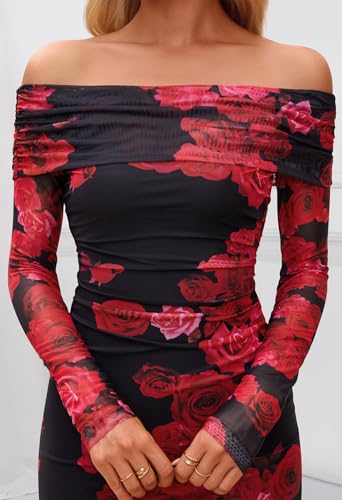 MEROKEETY Women's Fall Off Shoulder Floral Maxi Dresses Formal Long Sleeve Bodycon Cocktail Wedding Guest Dress
