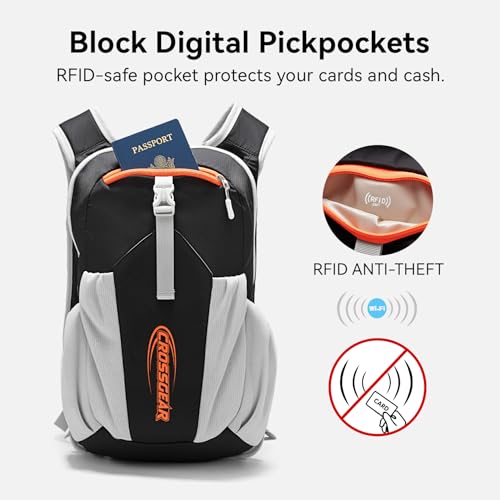 CROSSGEAR 16L RFID Hiking Backpack, Lightweight Foldable Packable Backpack, Small Travel Hiking Daypack for Women Men Black
