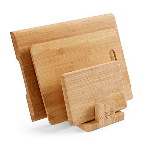 Natural Bamboo Cutting Board Organizer Rack for Kitchen, Pantry, or Office – 3-Compartment Storage Stand for Cutting Board...