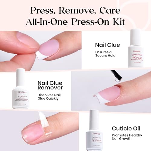 Beetles X Press Plus On Nails Kit-Short Square French Tip Press On Nails Kit with 150Pcs Pink French Nail Tips Nail Glue &...