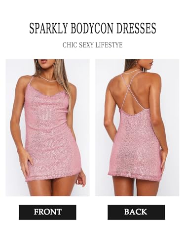 MIYIEONZ Women's Sequin Sparkly Glitter Dress Sexy Sleeveless Backless Spaghetti Strap Party Club Bodycon Mini Dress