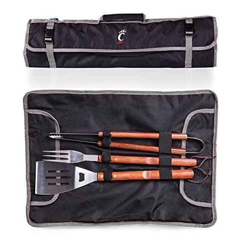 PICNIC TIME NCAA Cincinnati Bearcats 3-Piece BBQ Tote & Grill Accessories Set, Outdoor Gril Set with Case, BBQ Spatula, BBQ Fork, and BBQ Tongs, (Black with Gray Accents)