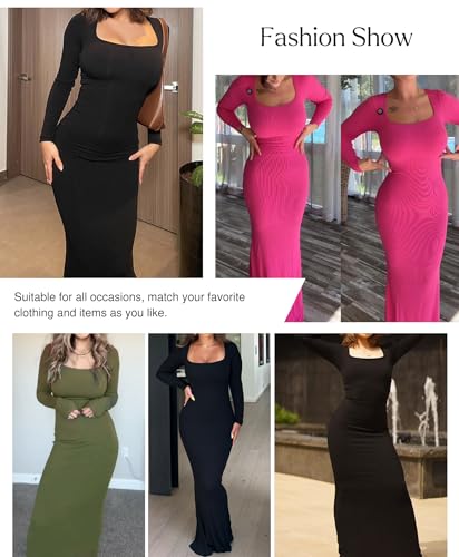 Popilush Women's Long Sleeve Maxi Dress Built-in Shapewear Bra Square Neck Fall Formal Wedding Guest Cocktail Bodycon Dresses