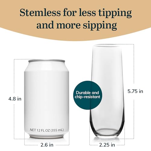 Libbey 228 Stemless Champagne Flutes Glass Set of 12, Elegant 8.5 Oz Flute Glasses for Champagne, Clear Fluted Glassware