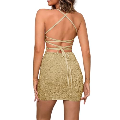Women's Sequin Bodycon Mini Dress Sparkly Dress Sexy Criss Cross Open Back Short Dress