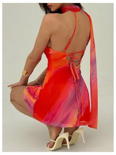 MakeMeChic Women's Summer Y2k Mini Dress Backless Vacation Dress One Shoulder Mesh Dress with Scarf