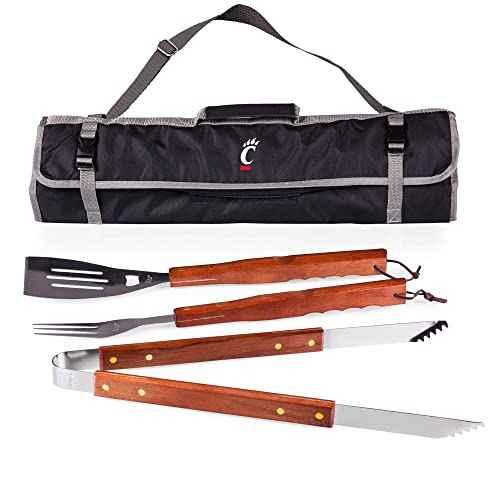 PICNIC TIME NCAA Cincinnati Bearcats 3-Piece BBQ Tote & Grill Accessories Set, Outdoor Gril Set with Case, BBQ Spatula, BBQ Fork, and BBQ Tongs, (Black with Gray Accents)