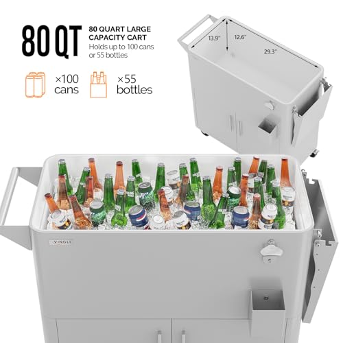 VINGLI Patio Cooler, Ice Chest with Storage Cabinet, Bottle Opener Drainage, Outdoor Cooler for Party, Deck, Pool
